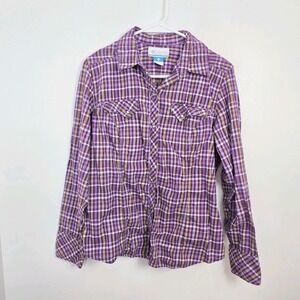 Columbia Purple Yellow White Plaid Pearl Snap Fitted Long Sleeve Shirt Size L